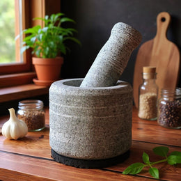 Kerala Traditional Stone Mortar and Pestle with Rubbere Base - 5 Inch